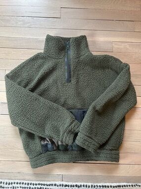 Olive Green Sherpa Half-Zip Pullover Jacket